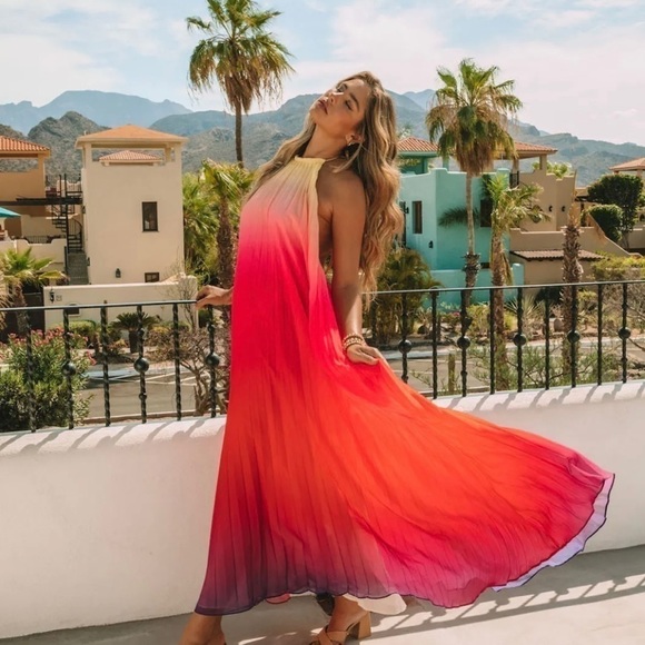 SOLD - Pleated OMBRE HALTER MAXI DRESS - PINK RED - Picture 5 of 9